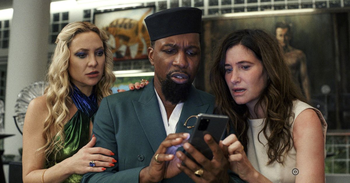 Kate Hudson, Kathryn Hahn, and Leslie Odom Jr. in Glass Onion
