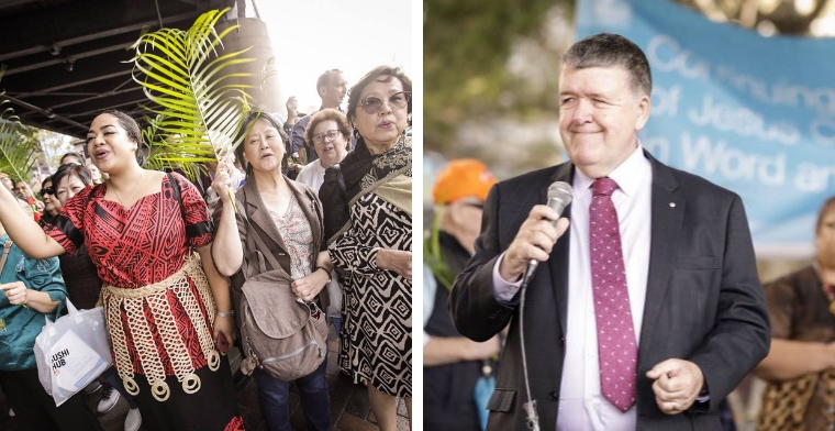 women with palm branches walking in parade and Superintendent Keith Garner Preaching
