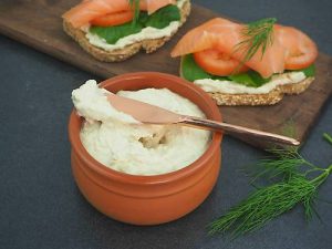 Macadamia Nut cheese spread in a crockery dish