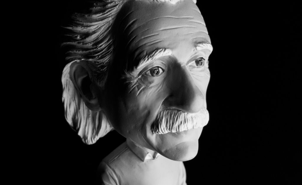 Man wearing Einstein mask